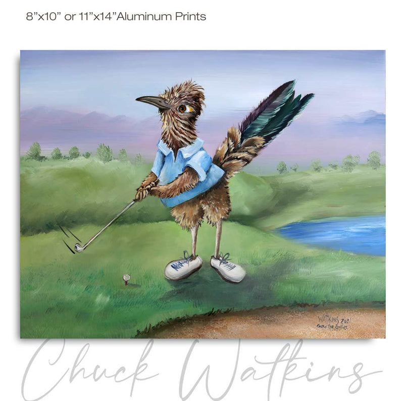 Gary the Golfing Roadrunner, Funny Golfing Roadrunner Wall Art Print by Chuck Watkins
