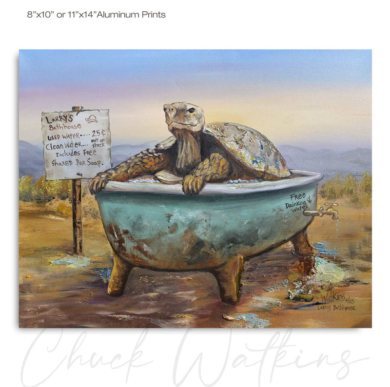 Larry's bathhouse, Funny Tortoise Bathroom Wall Art Print by Chuck Watkins