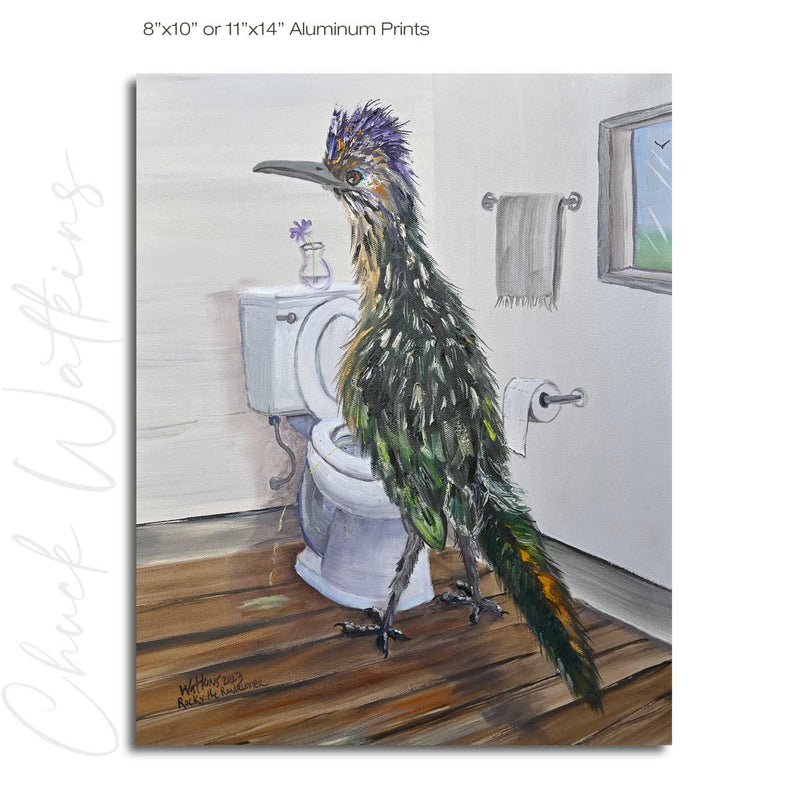 Rocky the Roadrunner, Funny Bathroom Wall Art Print by Chuck Watkins