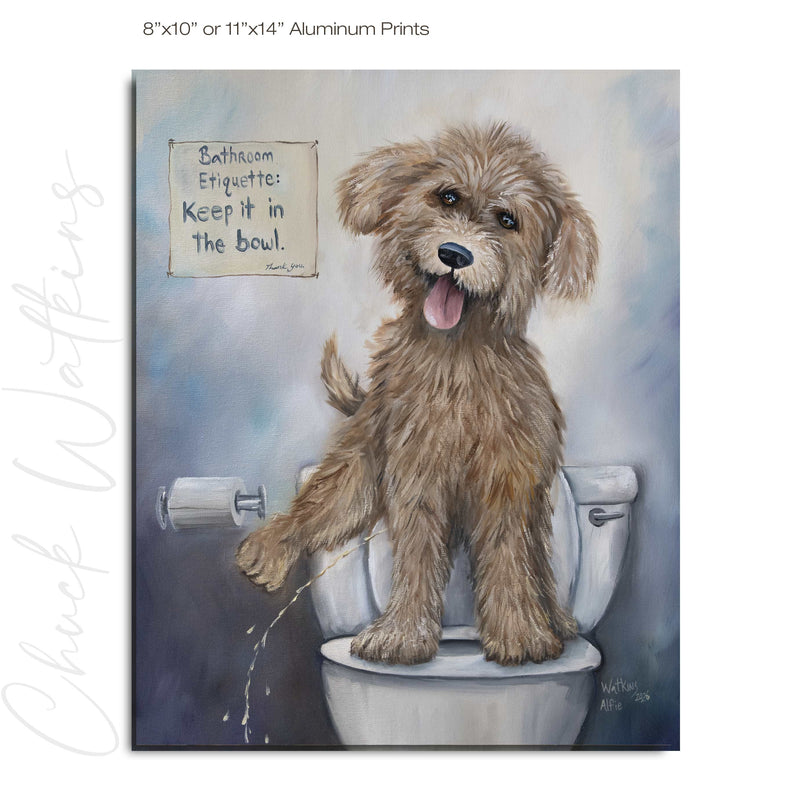 Alfie the Doodle, bathroom art by Chuck Watkins