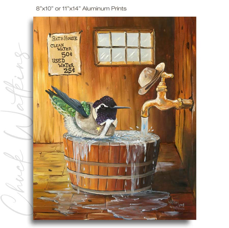 Bathhouse, Funny Hummingbird Bathroom Wall Art Print by Chuck Watkins