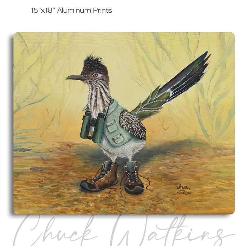 Buddy the Birding Roadrunner, Funny Hiking Roadrunner Wall Art Print by Chuck Watkins