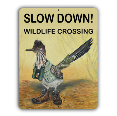 Buddy! Slow down for wildlife roadrunner Yard Sign – Aluminum – Chuck Watkins by Chuck Watkins