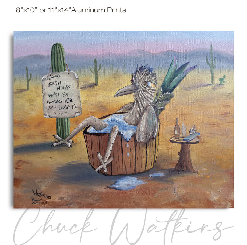 Buddy's Bathhouse, Funny Roadrunner Bathroom Wall Art Print by Chuck Watkins
