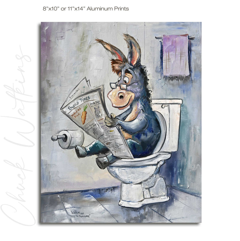 Doing the Paperwork, Funny Bathroom Wall Art Print by Chuck Watkins