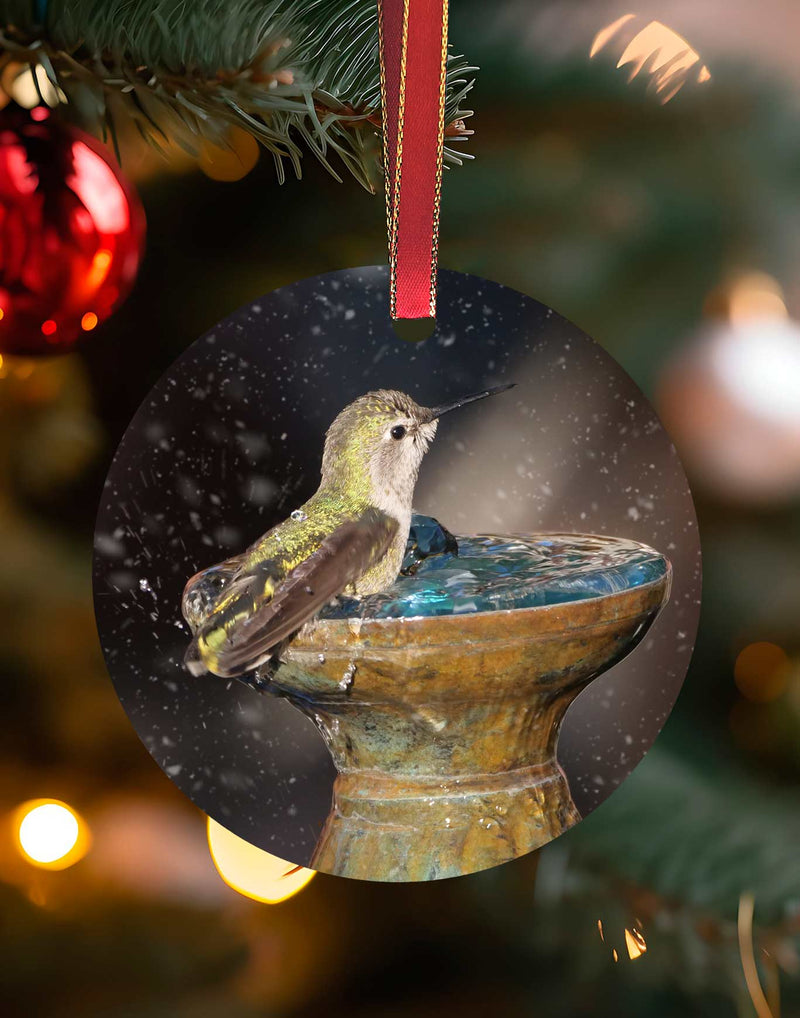 Female Costa's on The fountain, Hummingbird Christmas Ornament – Aluminum – Meagan Watkins by Chuck Watkins