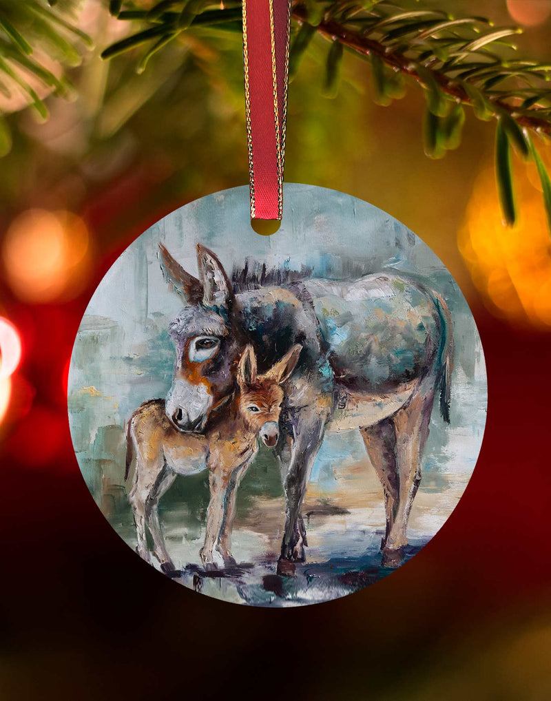Sandy Lou, Donkey and baby –Christmas Ornament – Aluminum – Chuck Watkins by Chuck Watkins