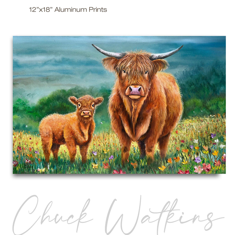 The Highlands, Highland Cows Wall Art Print by Chuck Watkins