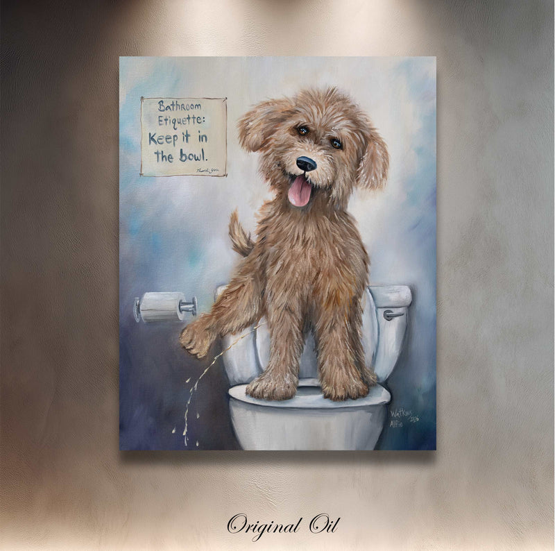 Alfie the Doodle, Original Golden Doodle Bathroom Wall Art – Chuck Watkins