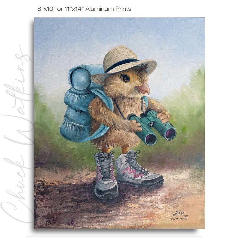 Ella the Baby Quail, Funny Hiking Bird Wall Art Print by Chuck Watkins