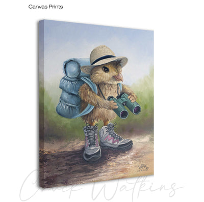 Ella the Baby Quail, Funny Hiking Bird Wall Art Print by Chuck Watkins