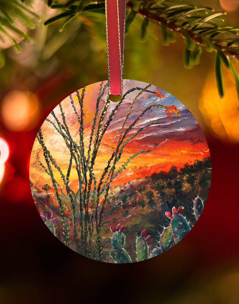 Ocotillo Sunset - Southwest Landscape Christmas Ornament – Aluminum – Chuck Watkins by Chuck Watkins