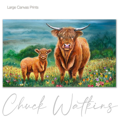 The Highlands, Highland Cows Wall Art Print by Chuck Watkins