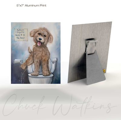 Aluminum print of a dog on a toilet with a plain background