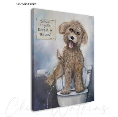 Alfie the Doodle, bathroom art by Chuck Watkins