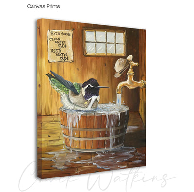 Bathhouse, Funny Hummingbird Bathroom Wall Art Print by Chuck Watkins