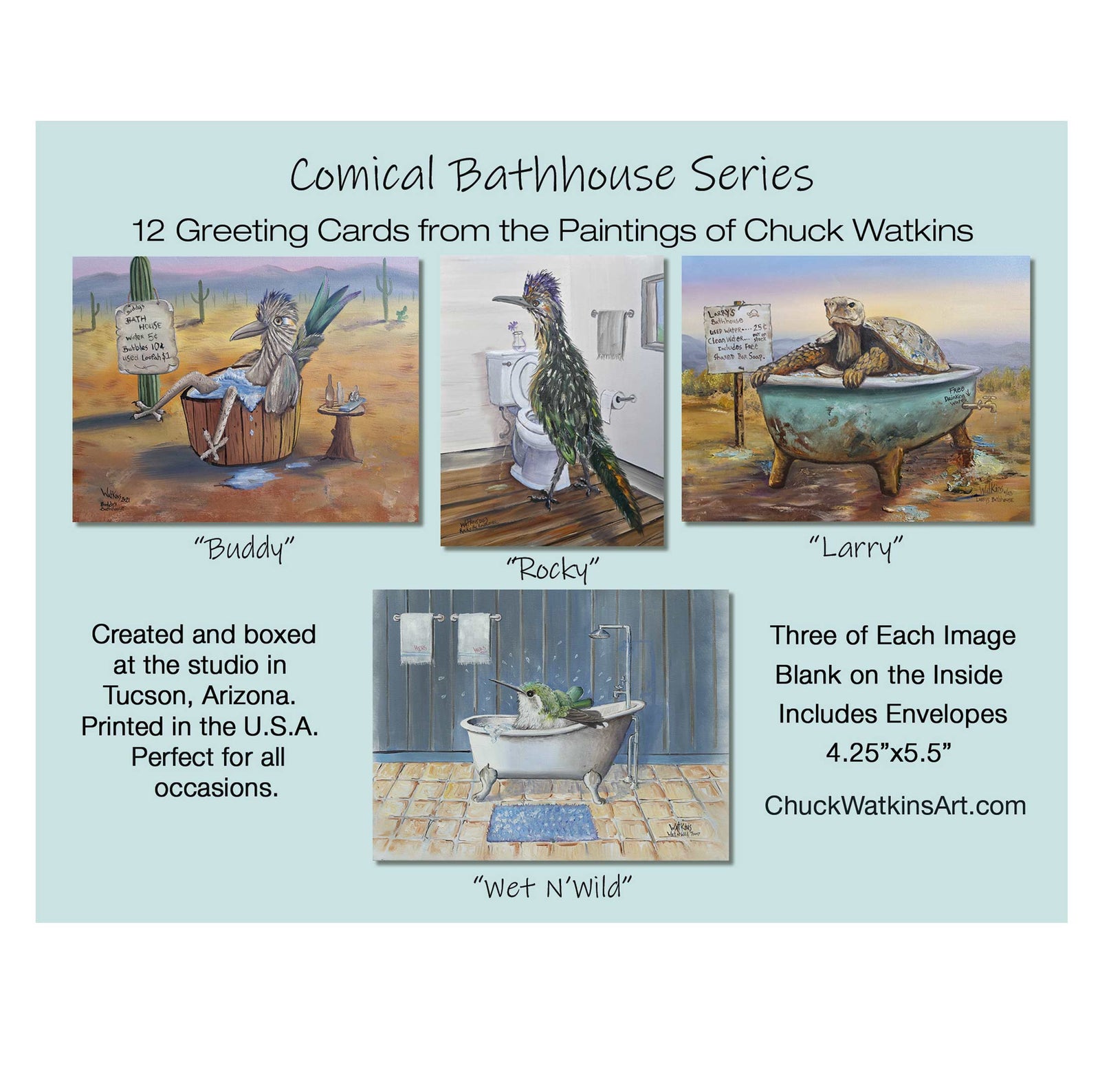 The Comical Bathhouse Collection Greeting Cards – Southwest Wall Art Print by Chuck Watkins