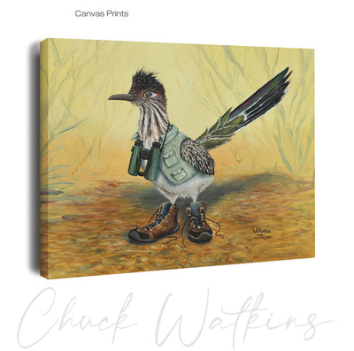 Buddy the Birding Roadrunner, Funny Hiking Roadrunner Wall Art Print by Chuck Watkins