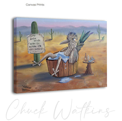 Buddy's Bathhouse, Funny Roadrunner Bathroom Wall Art Print by Chuck Watkins