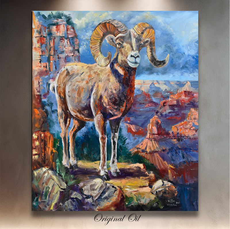 Canyon Sheep, Original Bighorn Sheep Oil Painting  – Chuck Watkins