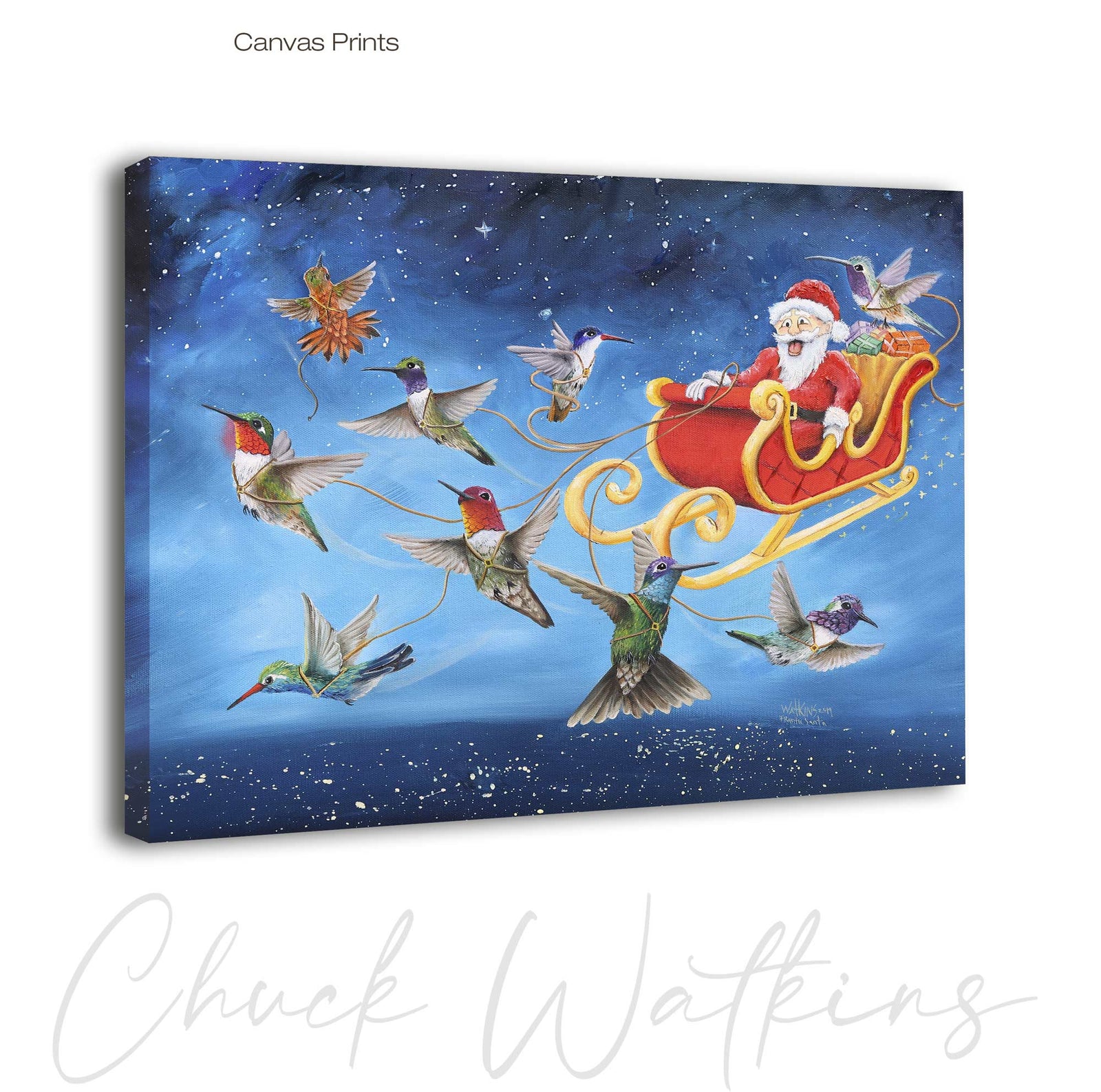 Frantic Santa, Funny  Christmas  Hummingbird Wall Art Print by Chuck Watkins