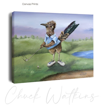 Gary the Golfing Roadrunner, Funny Golfing Roadrunner Wall Art Print by Chuck Watkins