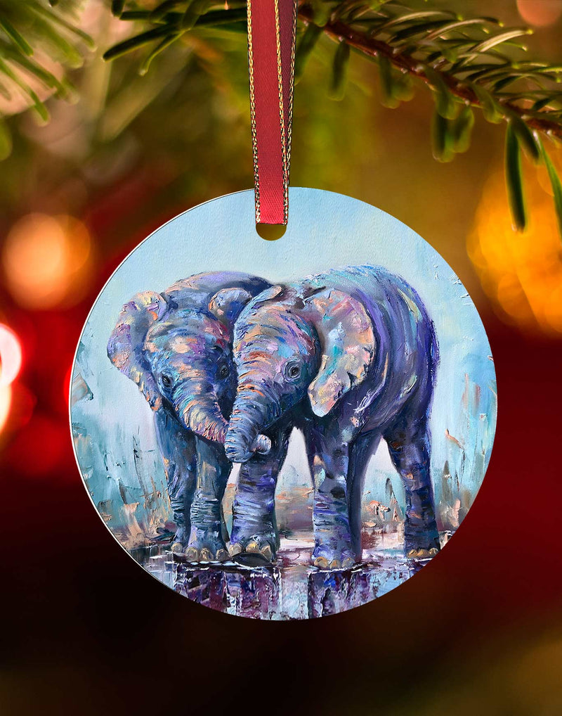 Just the 2 of us, Christmas Elephant Ornament – Aluminum – Chuck Watkins by Chuck Watkins