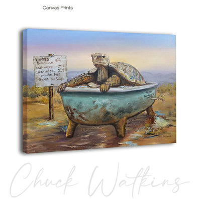 Larry's bathhouse, Funny Tortoise Bathroom Wall Art Print by Chuck Watkins