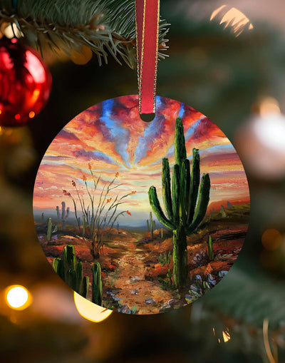 Longhorn Trail Ornament, Southwest Landscape Christmas Ornament – Aluminum – Chuck Watkins by Chuck Watkins