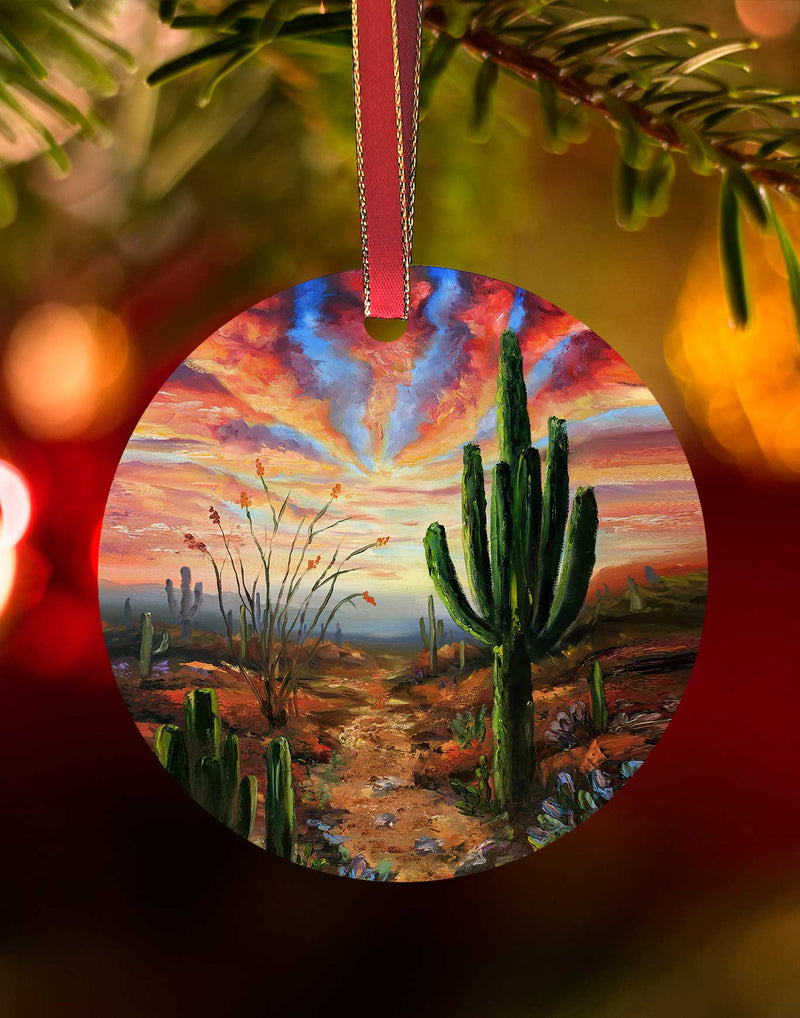 Longhorn Trail Ornament, Southwest Landscape Christmas Ornament – Aluminum – Chuck Watkins by Chuck Watkins
