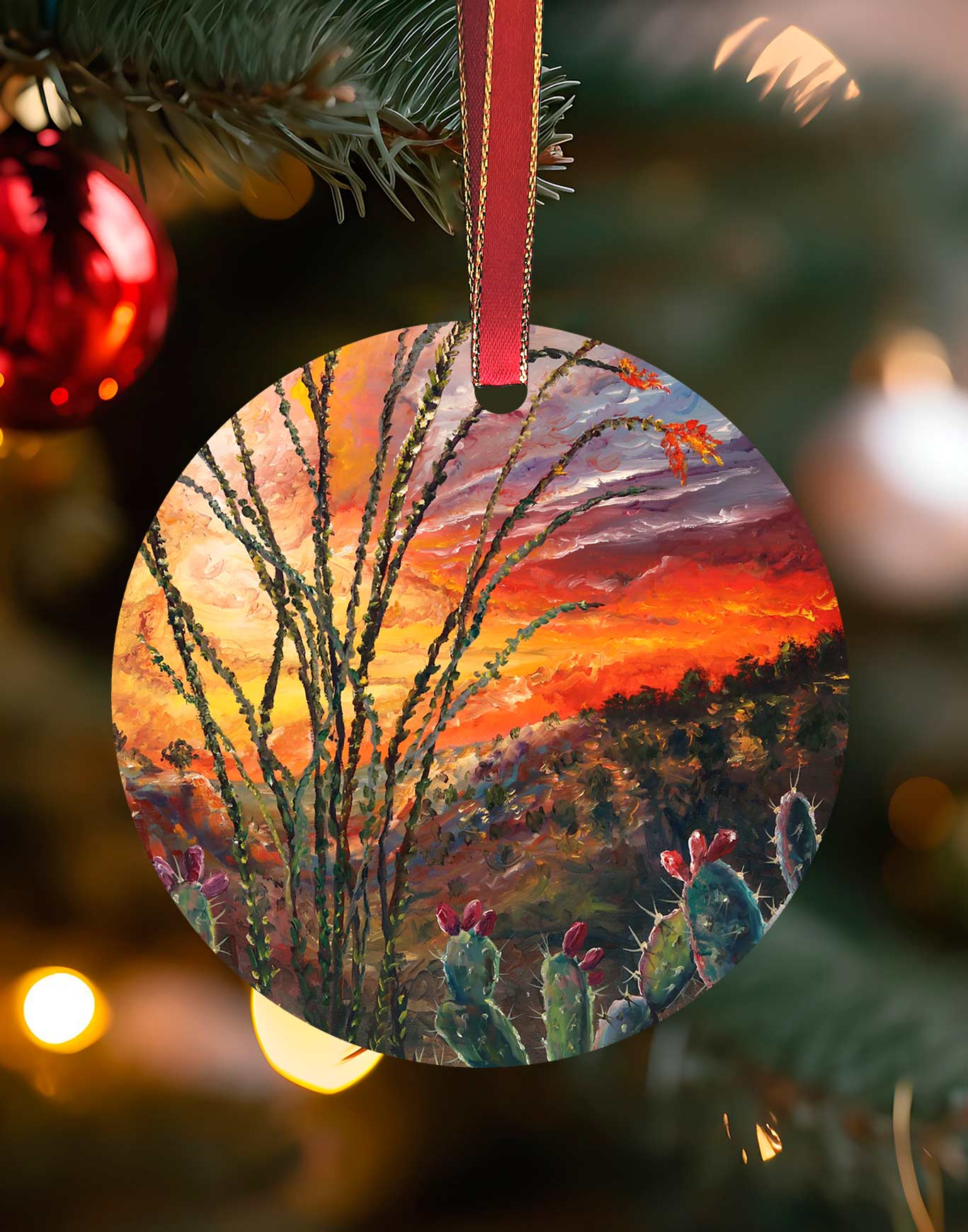 Ocotillo Sunset - Southwest Landscape Christmas Ornament – Aluminum – Chuck Watkins by Chuck Watkins