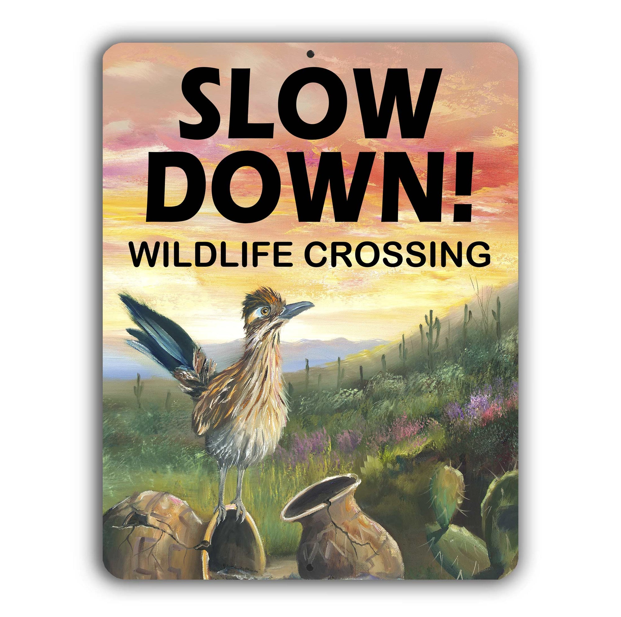 Roadrunner Trail, Slow down for Wildlife Yard Sign – Aluminum – Chuck Watkins by Chuck Watkins
