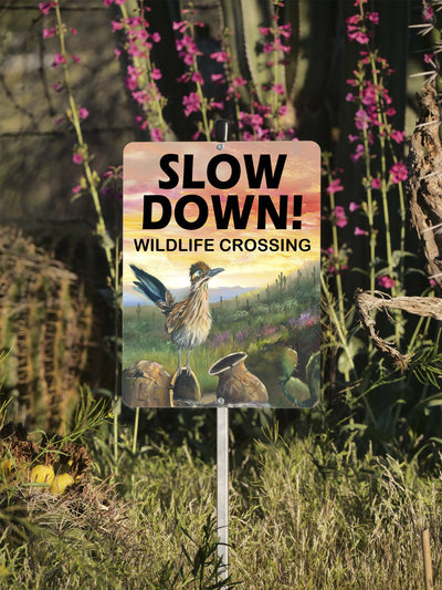 Roadrunner Trail, Slow down for Wildlife Yard Sign – Aluminum – Chuck Watkins
