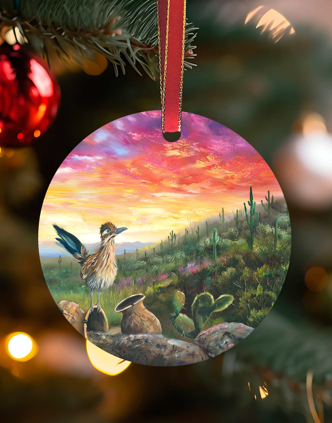 Roadrunner Trail, Southwest Landscape Christmas Ornament – Aluminum – Chuck Watkins by Chuck Watkins