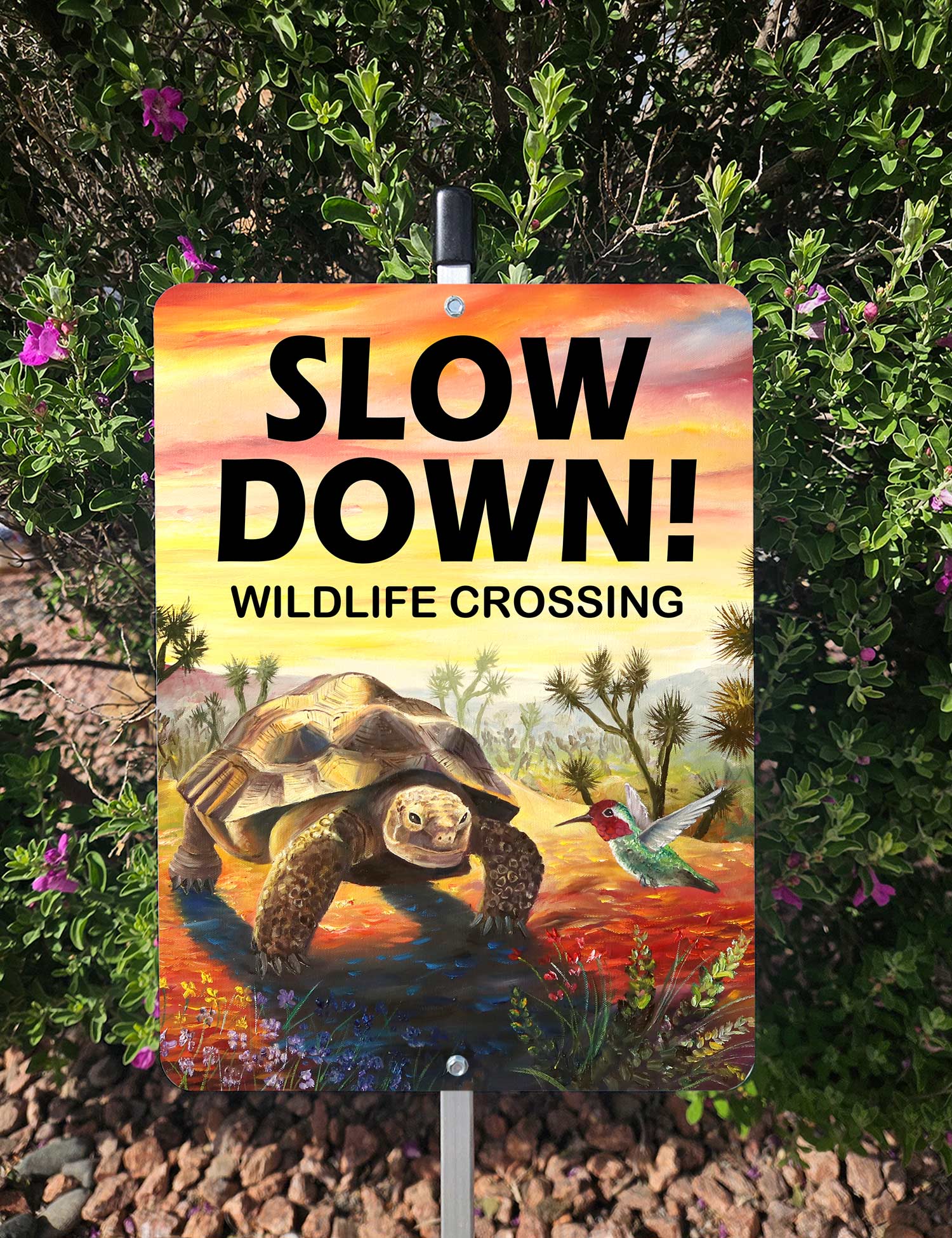 Tortoise, Slow down for wildlife Yard sign –  Aluminum – Chuck Watkins