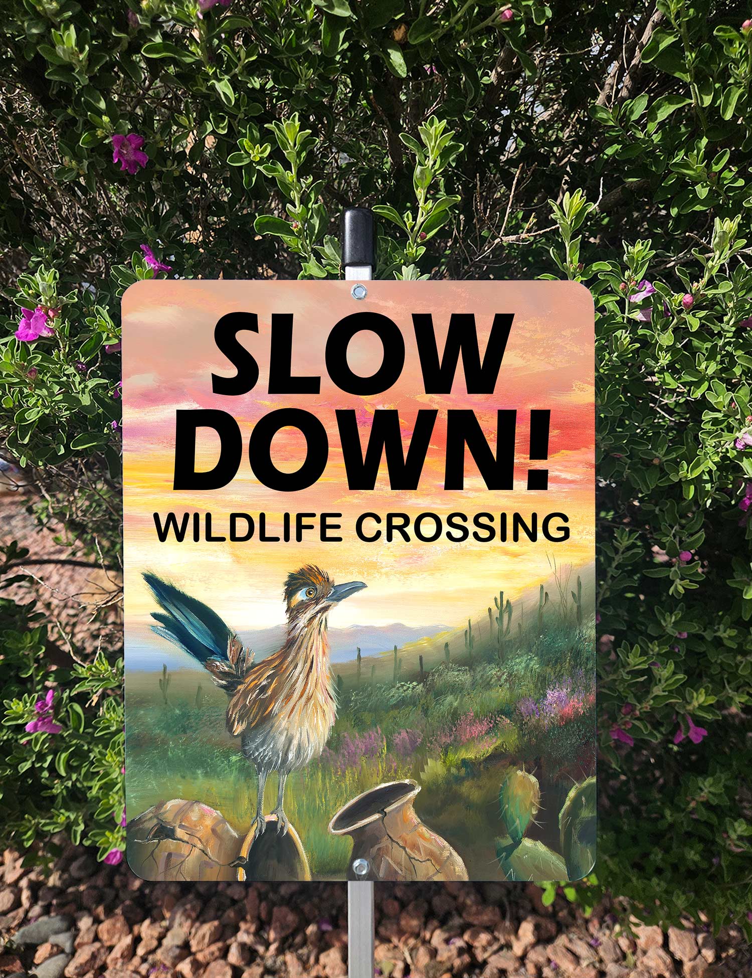 Roadrunner Trail, Slow down for Wildlife Yard Sign – Aluminum – Chuck Watkins