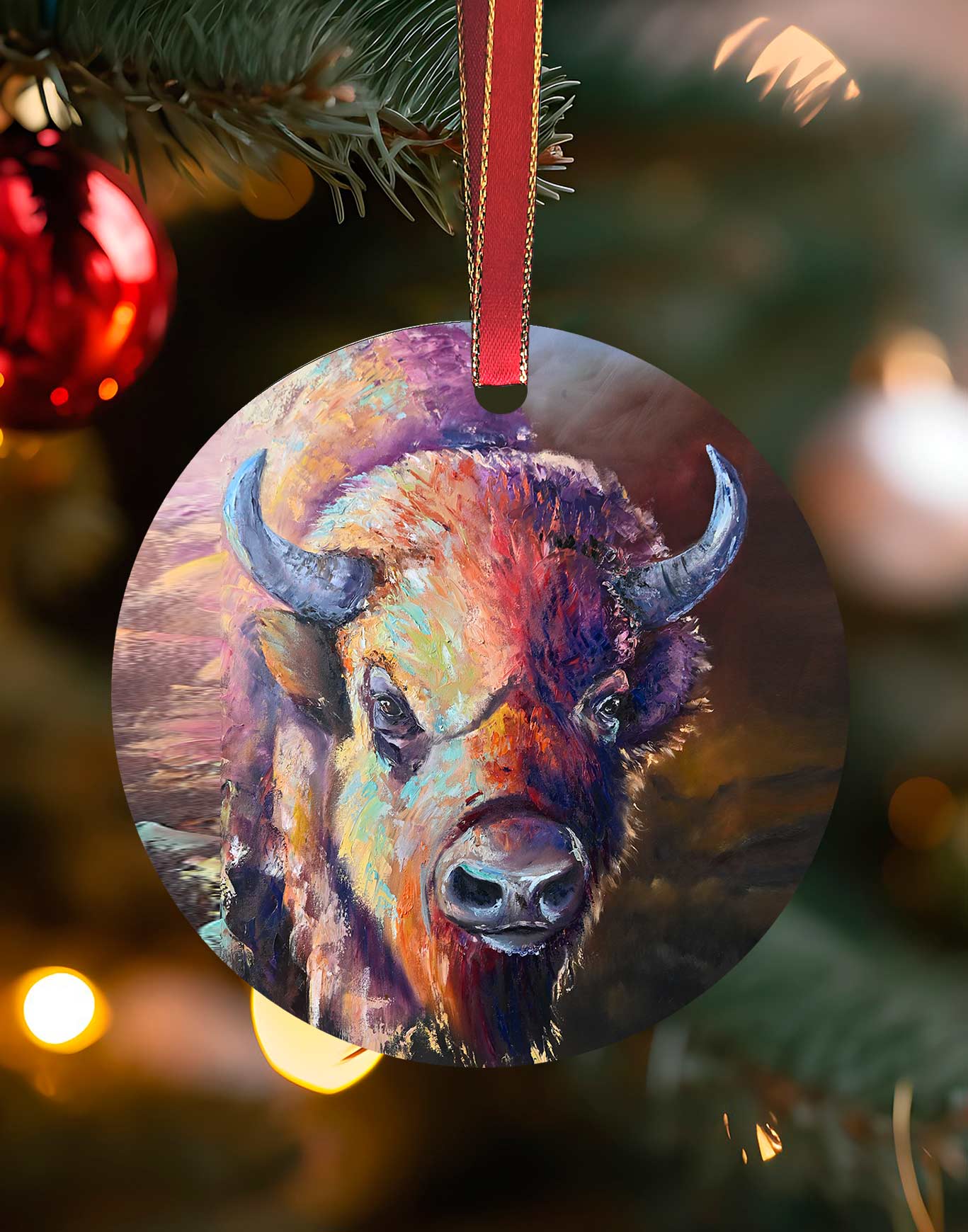 Wise bison, Christmas Bison Ornament – Aluminum – Chuck Watkins by Chuck Watkins