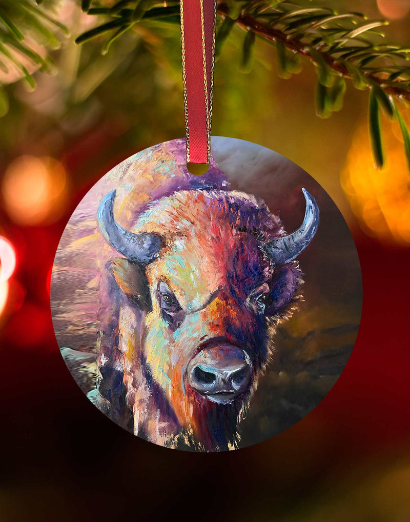 Wise bison, Christmas Bison Ornament – Aluminum – Chuck Watkins by Chuck Watkins